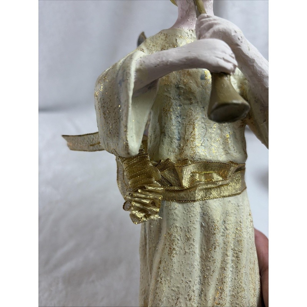 Vintage 90s Christmas Angel Figurine Playing Horn Gold & Cream Decor Solid Resin - Picture 5 of 10